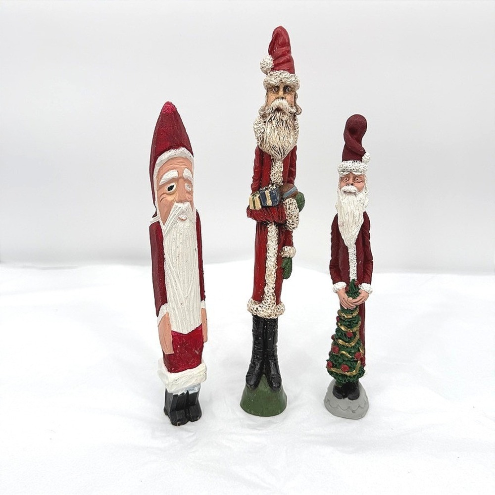 Tall Skinny Santa Figurine SET of 3 Hand Carved Rustic Christmas Decor Mixed Lot